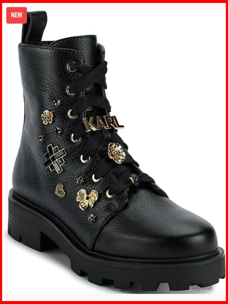 Leather Combat Boots With Pins, Ankle Height, Round Toe, Casual Wear